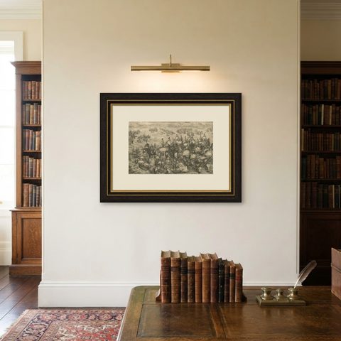 Engraving of Dutch Attacking the Portuguese Fleet off Bantam, Indonesia, 1644, shown framed on a wall