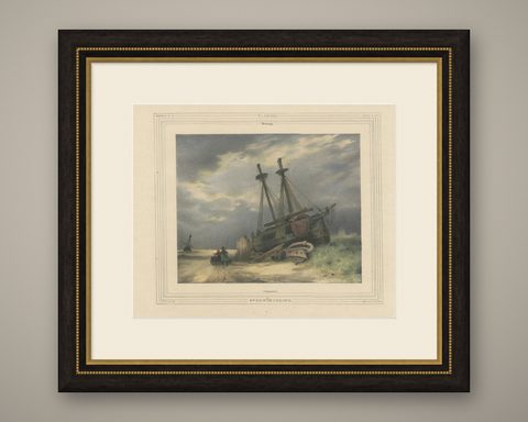 1835 Hand-Colored Lithograph: Stranded Ship in Winter Landscape, shown framed