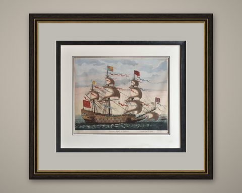 Antique Print of the Royal Flagship of the English Fleet by P. Mortier, c.1693, shown framed