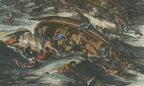 Capsizing Warships, Hand-Colored Etching of Schouten’s East Indian Voyage, 1676, close-up 3