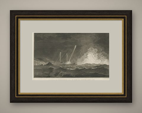 Antique Print of Three Whirlwinds and a Ship off the Coast of New Zealand, 1803, shown framed