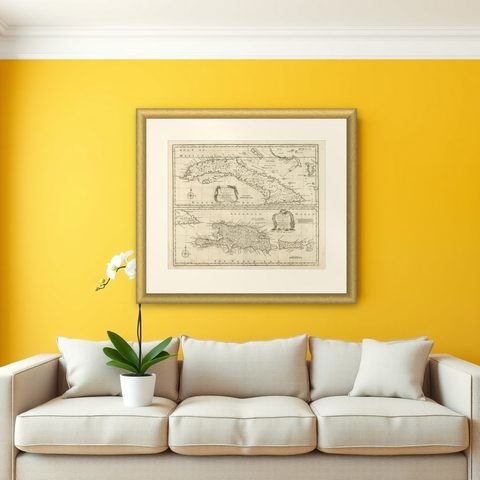 Antique Map of Cuba & Hispaniola, Caribbean Sea Chart by Bowen, 1744, shown framed on a wall