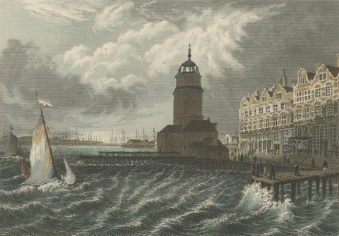 Hand-Colored Engravings of Dutch Maritime Scenes: Amsterdam and River Dort, 1830, close-up 2
