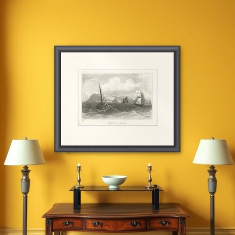 Quebec City Canada Harbor View, Antique Steel Engraving St. Lawrence River 1854, shown framed on a wall