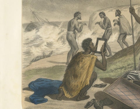 Shipwreck Scene in Melanesia, Islanders Salvaging Wreckage, c.1845, close-up 6