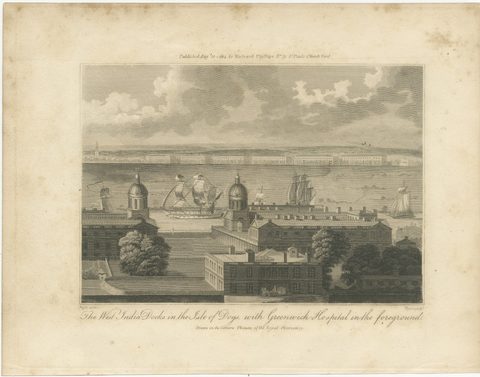 The West India Docks in the Isle of Dogs, Antique London Engraving, 1804, view 2