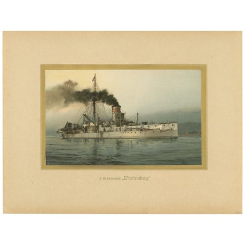 SMS Württemberg: German Coastal Defense Ship in Chromolithograph by Hugo Graf