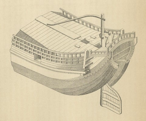 Antique Print of a Japanese Junk Cross Section, 1856, close-up 1