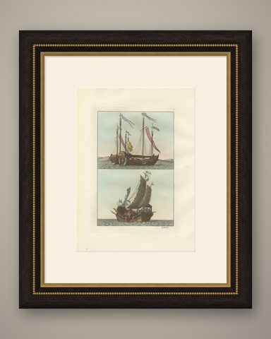 Chinese Junks and Sailing Vessels, Ferrario Il Costume Antico e Moderno, 1815, shown framed