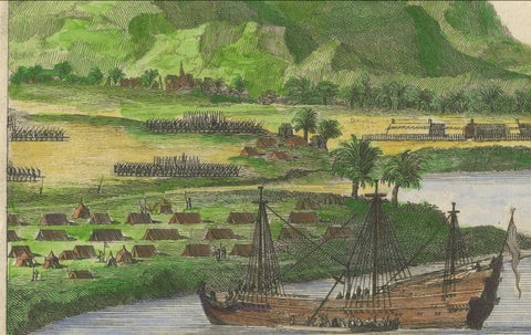 Cortés Scuttling Ships at Veracruz, Hand-Colored Engraving by Van Beecq, c.1690, close-up 2