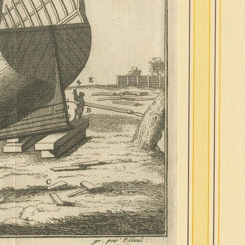 Antique Print of a Ship Launching by Pluche '1735', close-up 1