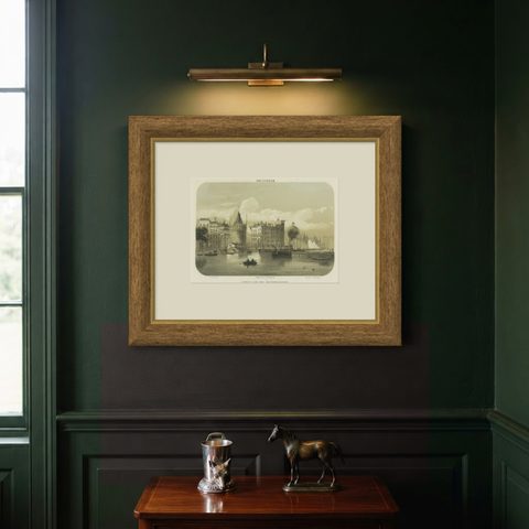 1857 Lithograph of Amsterdam’s Oosterdok Quay and Harbor, shown framed on a wall