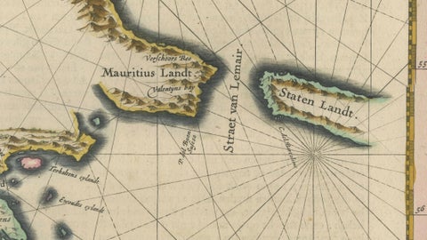 Blaeu Strait of Magellan Map, Tierra del Fuego, Decorative Sea Chart, 1642, close-up 4