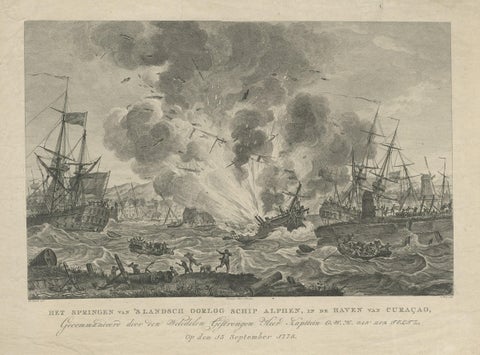 Antique Print of the Exploding of the 'Alphen' in the Harbour of Curacao, 1779, close-up 1