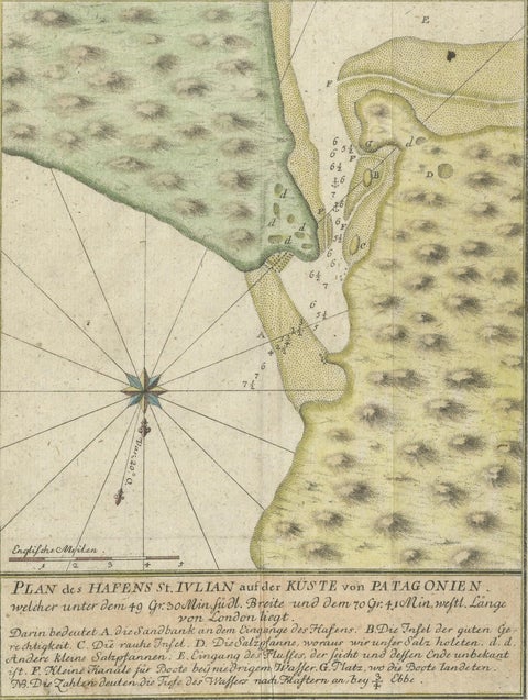 Antique Plan of Plan of St. Julian's Harbour on the Coast of Patagonia, close-up 2