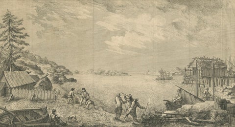 View of the Harbor of St Pierre, Newfoundland, Early French Coastal Engraving, close-up 5