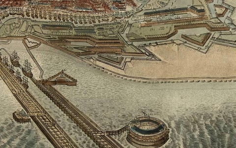 Spectacular 1770 Bird's-Eye View of Dunkirk Harbor by Basset, with 66 Landmarks, close-up 4