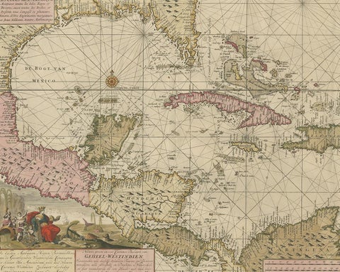 Engraving of a Map of Florida, the Gulf Coast, Caribbean & Central America, 1728, view 3