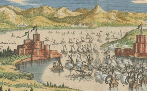Venetian Fleet vs. Ottoman Turks, Dardanelles Naval Battle Engraving, 1656, close-up 6