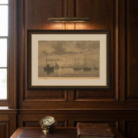 Antique Print of Ships After Mesdag, C.1900, shown framed on a wall
