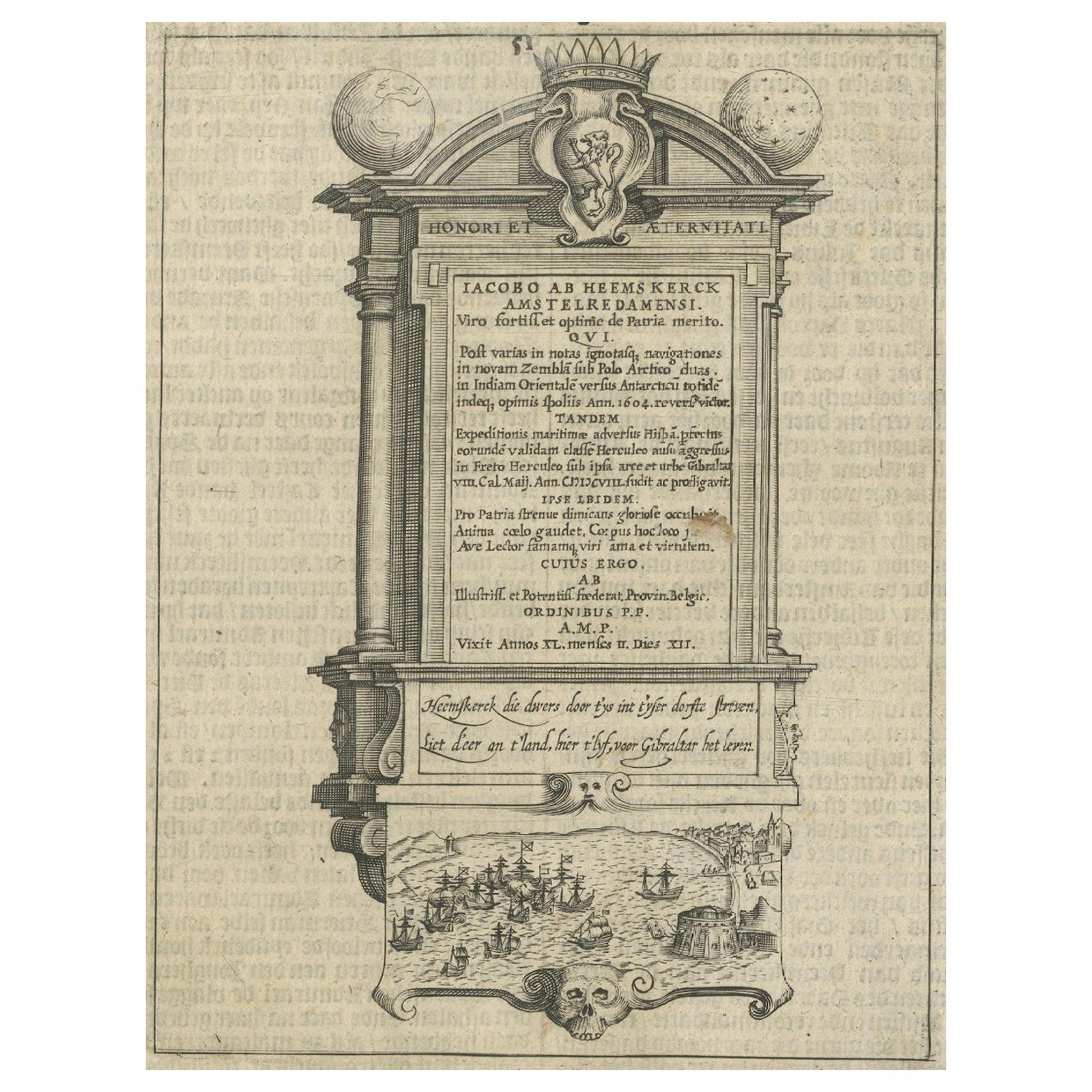 Memorial to Jacob van Heemskerck, Dutch Naval Hero at Gibraltar, Engraving, 1611