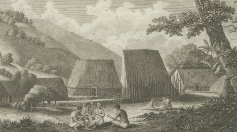 Hawaii Religious Site & Village Engravings, Owhyhee, Cook Voyage, c.1790, close-up 5