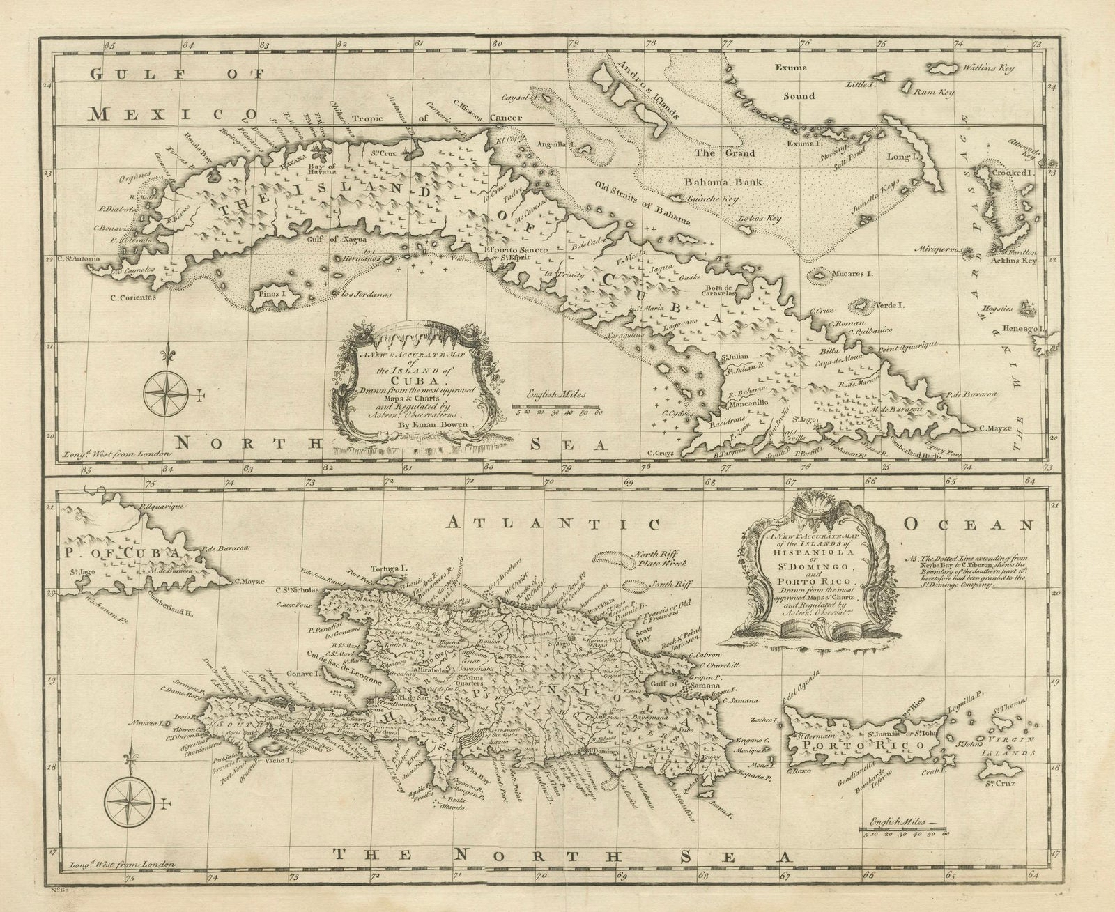 Antique Map of Cuba & Hispaniola, Caribbean Sea Chart by Bowen, 1744
