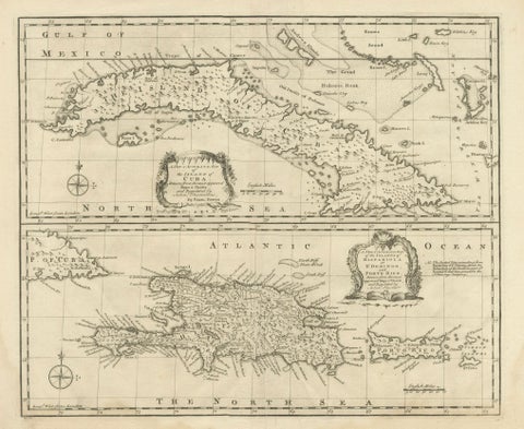 Antique Map of Cuba & Hispaniola, Caribbean Sea Chart by Bowen, 1744