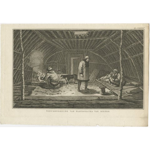 Interior of Winter House, Kamchatka, Cook Voyage Engraving c.1803, view 2