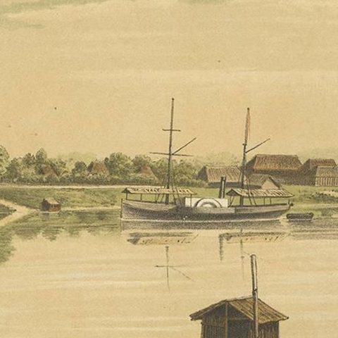 Antique Print of a Steamship at the Barito River by M.T.H. Perelaer, 1888, close-up 2