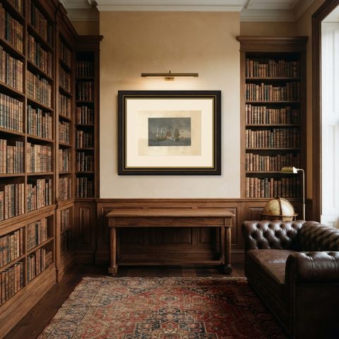French-British Naval Battle of Negapatam, India, c.1840, shown framed in a room