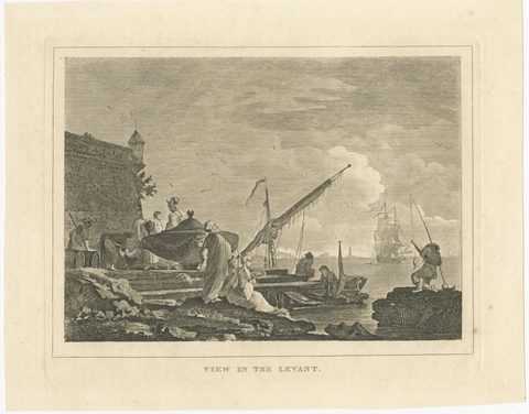 View in the Levant, Ottoman Harbour and Fortress, Antique Engraving, circa 1820