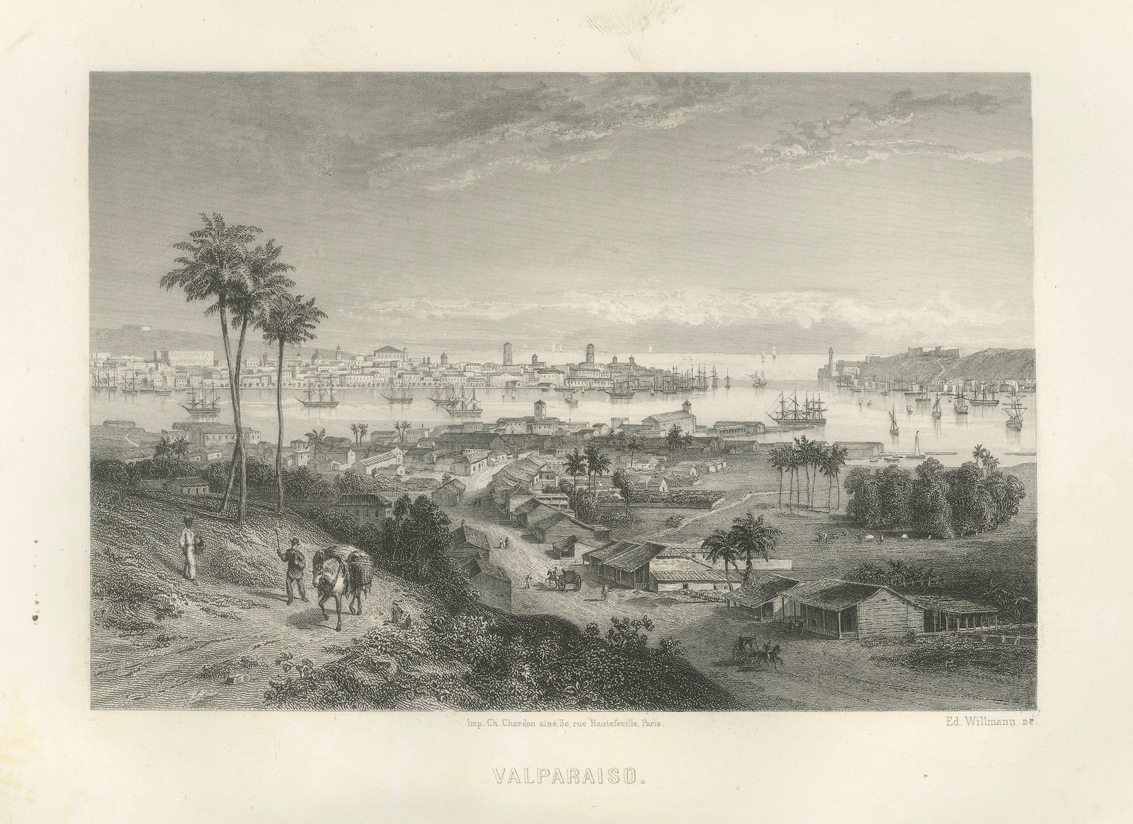 Rare Antique Engraving, Valparaíso, Chile Harbor and City Scene, 1867