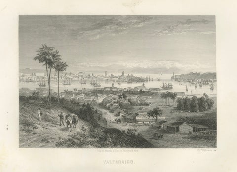 Rare Antique Engraving, Valparaíso, Chile Harbor and City Scene, 1867