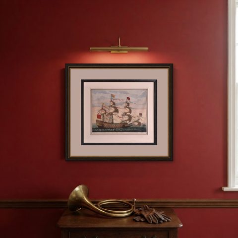 Antique Print of the Royal Flagship of the English Fleet by P. Mortier, c.1693, shown framed on a wall