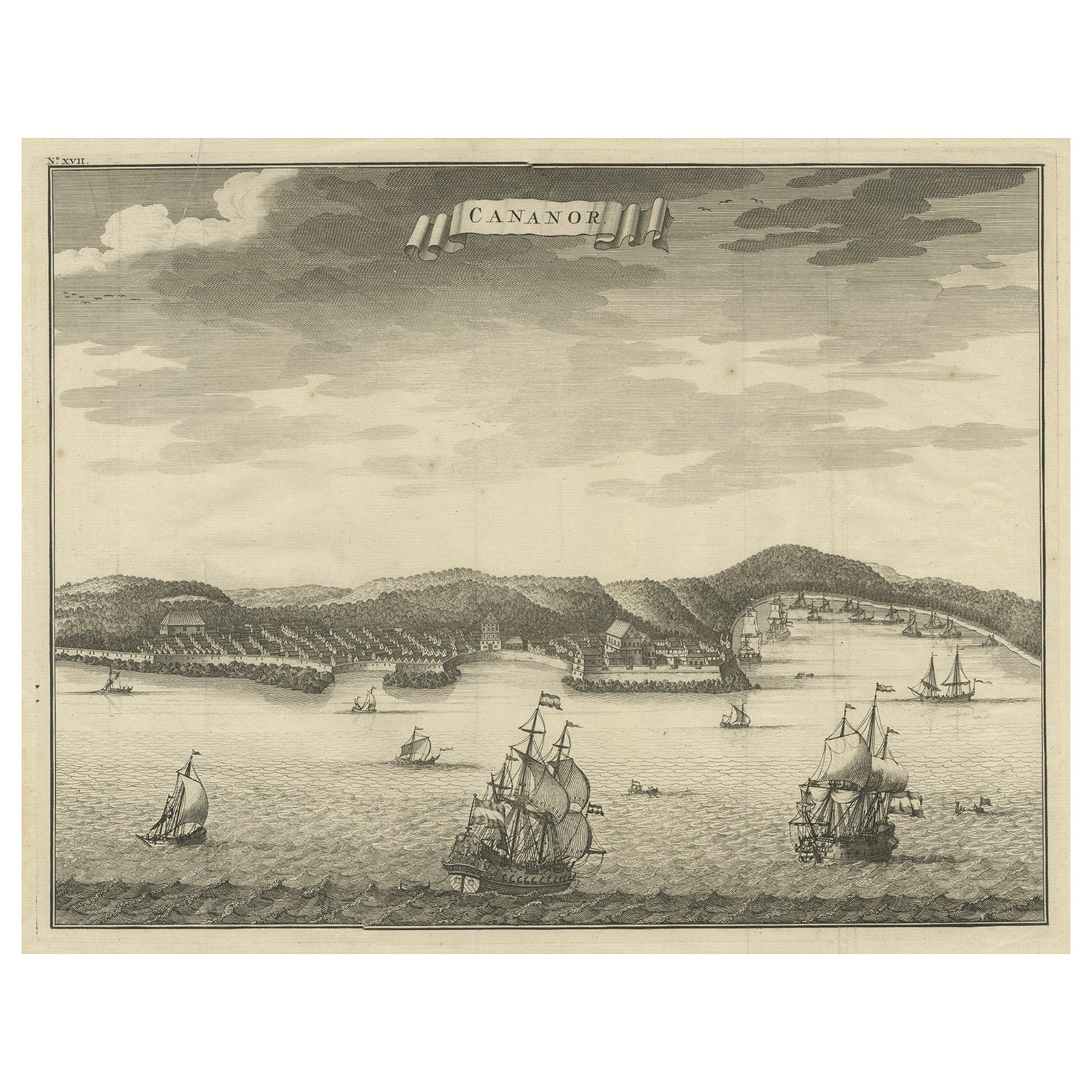 Antique Print of Kannur or Cananore with Ships, in Kerala, India, 1726