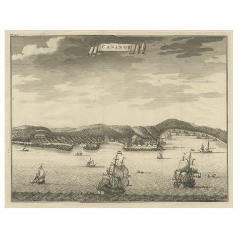 Antique Print of Kannur or Cananore with Ships, in Kerala, India, 1726