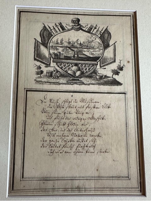 18th-Century German Engraving, Allegory of War, Poem & Naval View, view 4