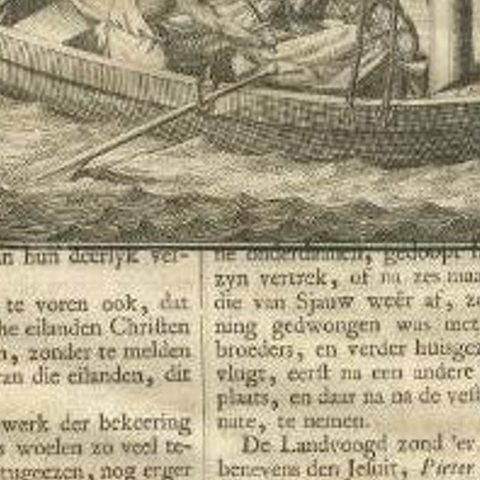 Old Print of Figures in a Boat Holding a Kris, Daggers and Ax in Asia, 1726, close-up 2