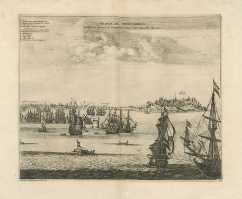 Rare View of Olinda Pernambuco Brazil and Dutch Fleet, 1671, close-up 1