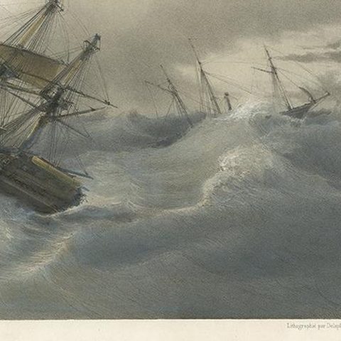 Antique Ship Print 'Le Sufren' by Durand-Brager, circa 1850, close-up 1