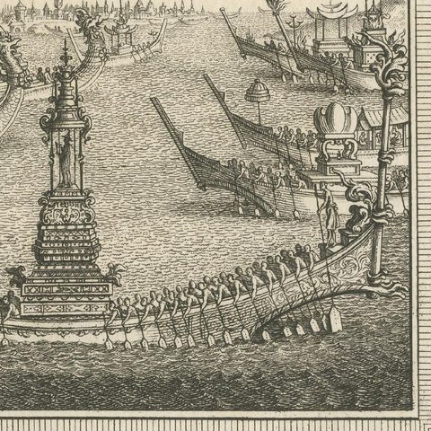 Antique Print of Siam and Various Vessels by Van Schley 'c.1750', close-up 1