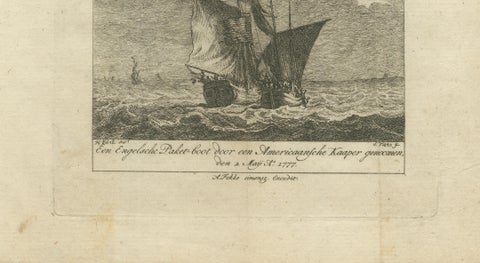 American Privateer Captures an English Packet Boat, 1777 Maritime Engraving, close-up 3