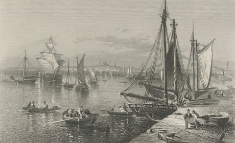 City of Boston, Harbor View from South Boston, Antique Maritime Engraving, 1870, close-up 5