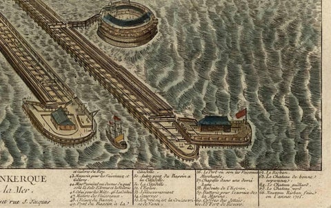 Spectacular 1770 Bird's-Eye View of Dunkirk Harbor by Basset, with 66 Landmarks, close-up 2