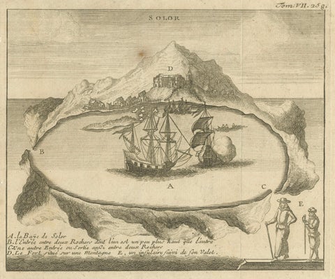 Solor Island View, Indonesian Harbor Engraving, French Voyage Plate c.1700, close-up 1