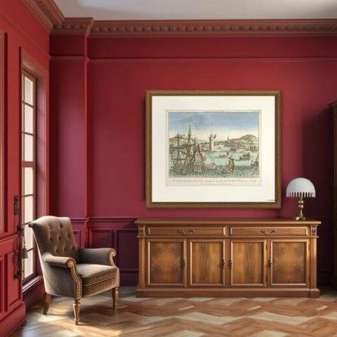 Hand-Colored Vue d’Optique of the Harbour of Havana, Cuba, circa 1770, shown framed in a room