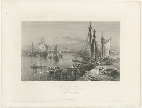City of Boston, Harbor View from South Boston, Antique Maritime Engraving, 1870, view 2