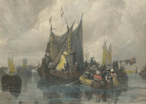Hand-Colored Engravings of Dutch Maritime Scenes: Amsterdam and River Dort, 1830, close-up 5