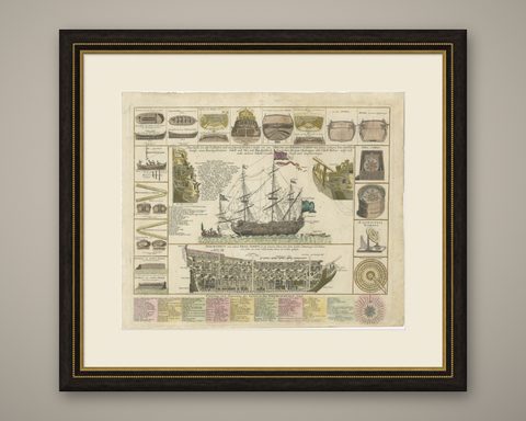 Detailed 1730 Maritime Warship Print with Tools, Rigging, and Ship Cross-Section, shown framed